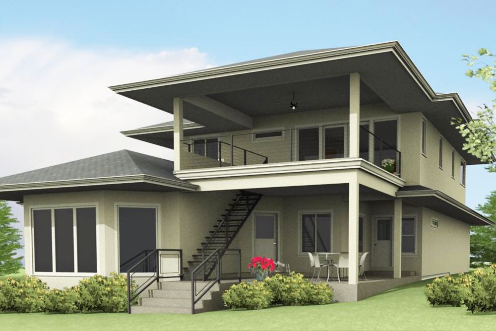 Two story home design with large outdoor living areas on the first and second story.