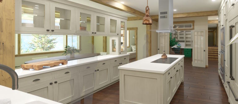 A spacious, modern farmhouse kitchen featuring white cabinetry, a large island with an induction cooktop, copper pendant lights, and warm wood accents.