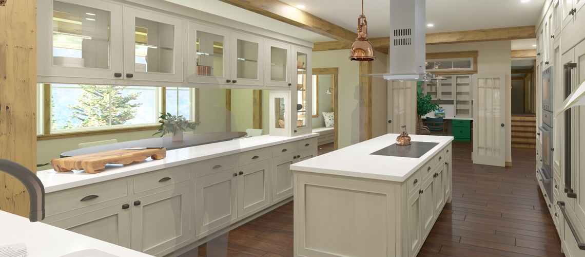 A spacious, modern farmhouse kitchen featuring white cabinetry, a large island with an induction cooktop, copper pendant lights, and warm wood accents.