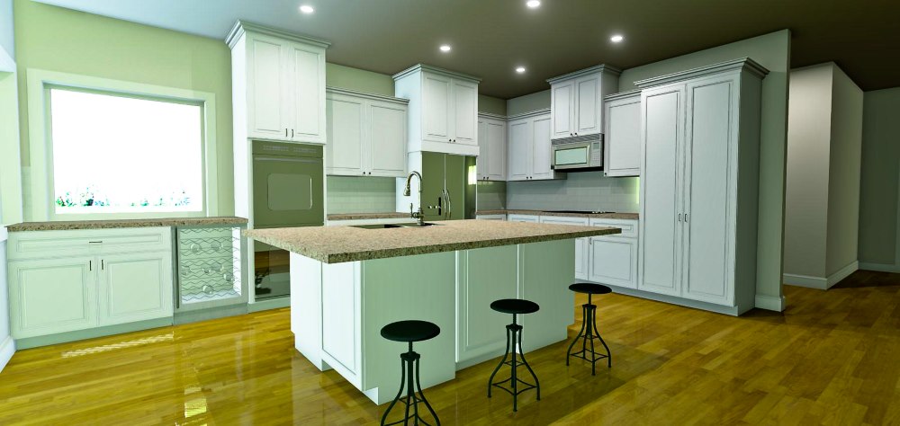 Open kitchen design with large eat at island, wine refrigerator, and double ovens.