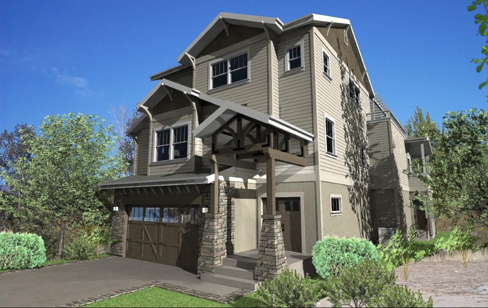 Renderings of a three story home design with a large entryway that features exposed timber beams.