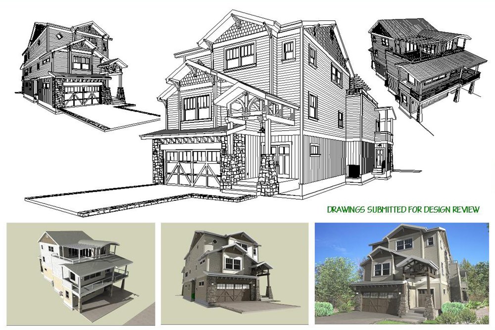 Multiple renderings of a three story home design submitted for review.