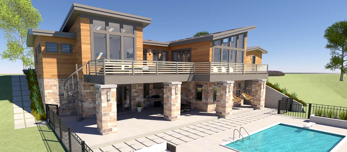 Modern hillside home with wood and stone exterior, large windows, and an elevated deck overlooking a backyard pool.