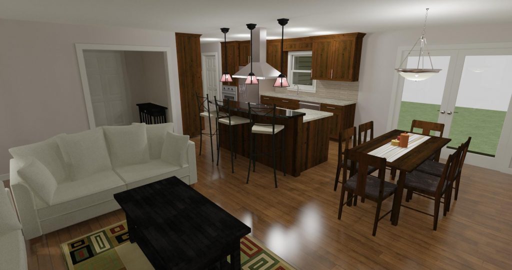 Kitchen design with large eat at island that opens to the dining and living room.