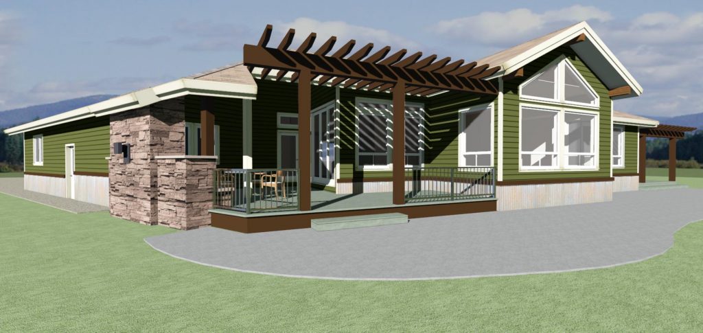 Home design with a large outdoor living area covered by a pergola.