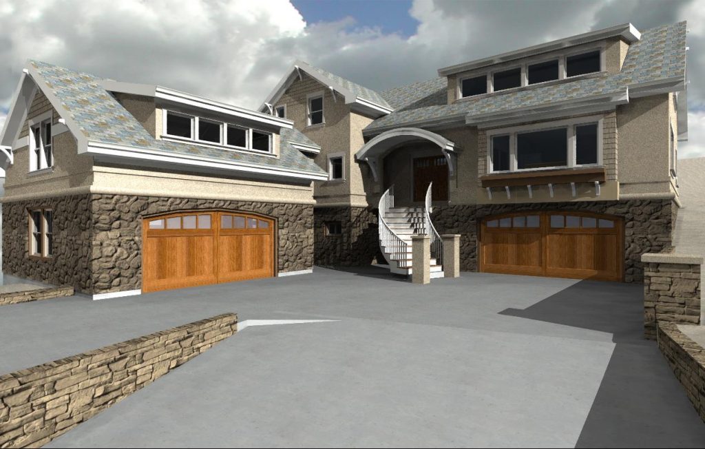 Home design with four car garage, shed dormers, and curved roof entry.