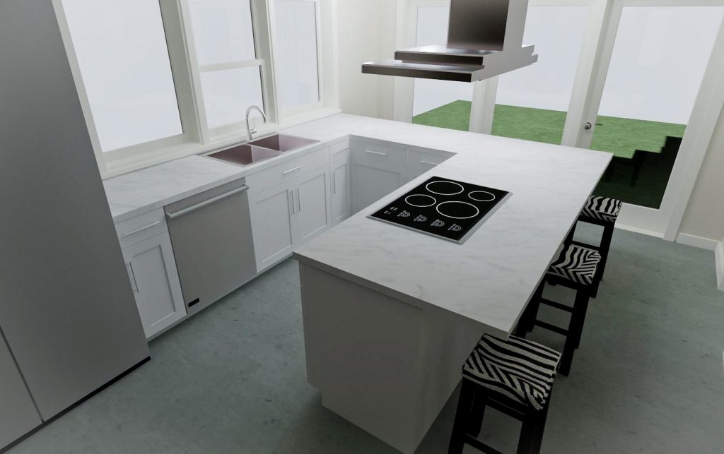 U-shaped kitchen with an eat at peninsula and access to the backyard.