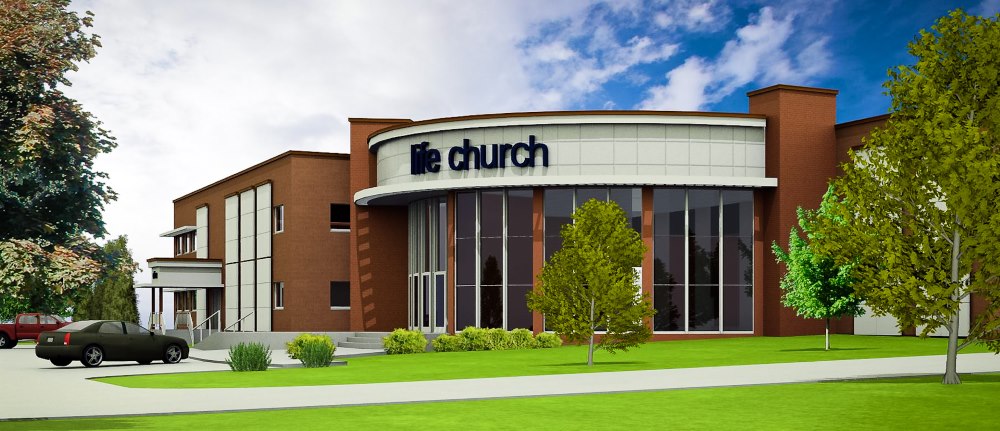 Exterior view of a church with floor to ceiling windowed curved entry and brick siding.