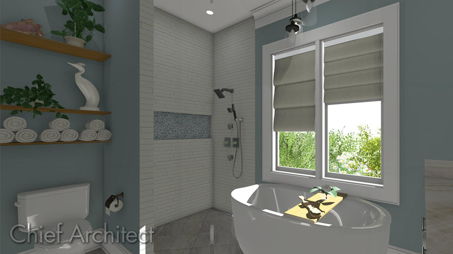 Bathroom with a freestanding tub, shower, and toilet Roman blinds on windows in a bathroom