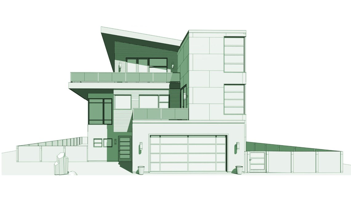 Modern home design with a shed roof, balcony, and large windows.