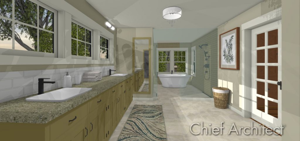 Spa primary bathroom with dual sinks, open shower and freestanding tub.