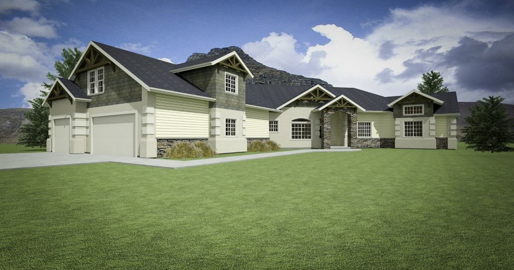 Large craftsman home design with exposed timbers, stacked stone siding, and three car garage.