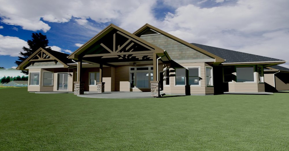 Home design with a large covered patio, exposed timbers, and a rustic style.