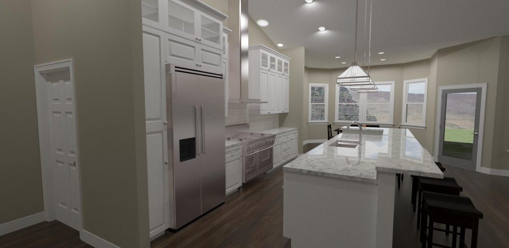 Kitchen design with an eat at island, gas range, white cabinets and breakfast nook.