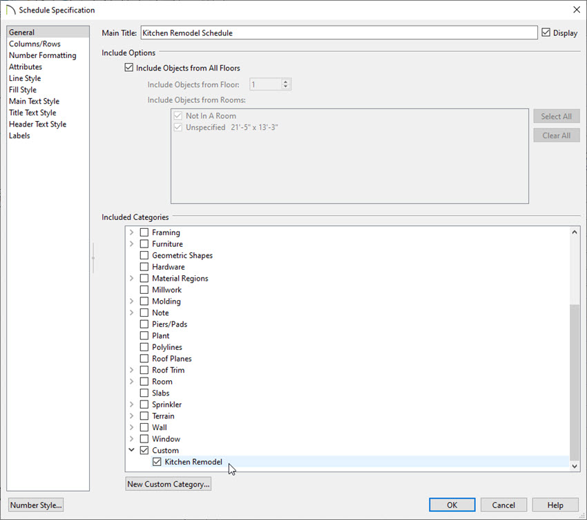 Schedule specification dialog on the general panel