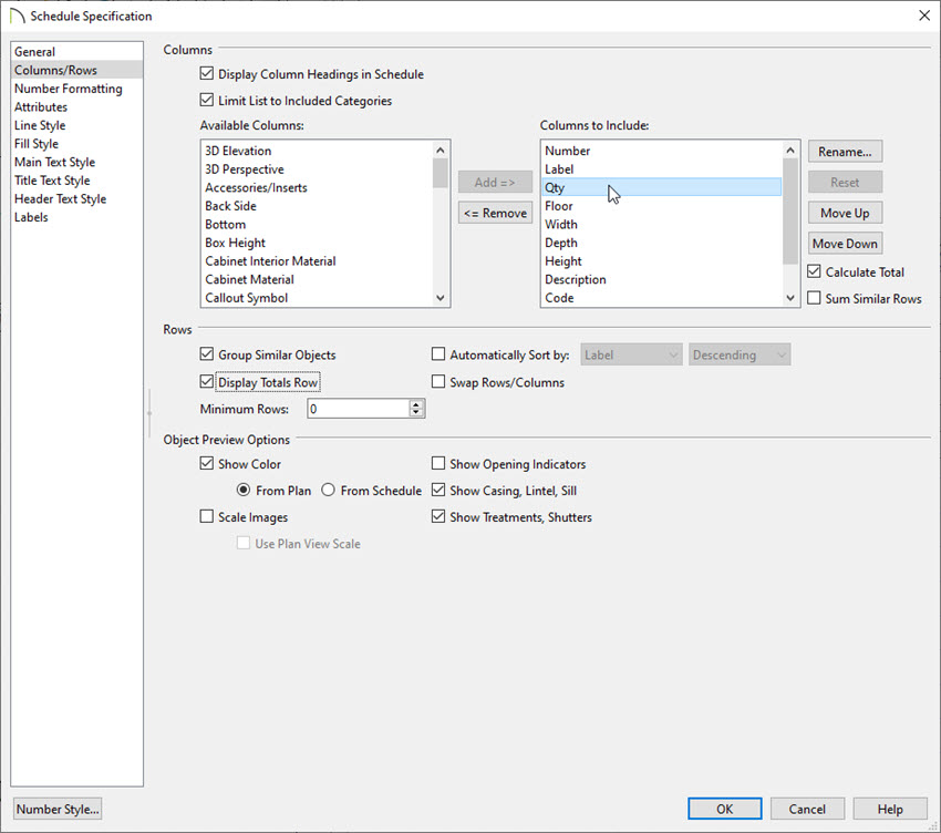 Columns and rows panel of the schedule specification dialog