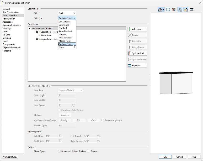 Change your Side to Back, your Side Type to Custom Face to start creating the openings.