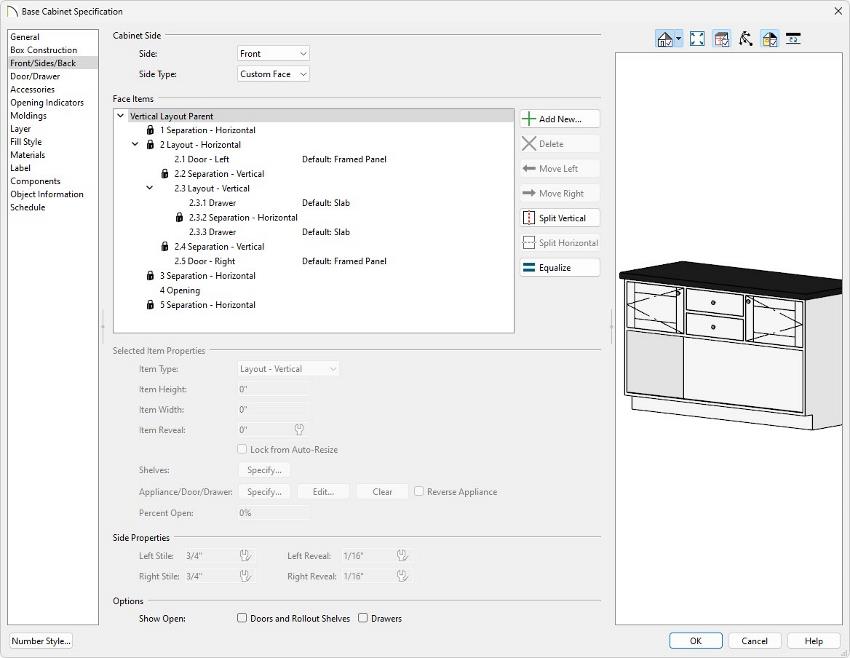 On the Front/Sides/Back panel you can change the doors/drawer orientation of your cabinet.