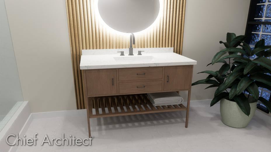 The Base Cabinet tool can be used to create a variety of differnt kinds of vanities. An open shelf vanity can be created in Chief Architect by customizing a base cabinet.