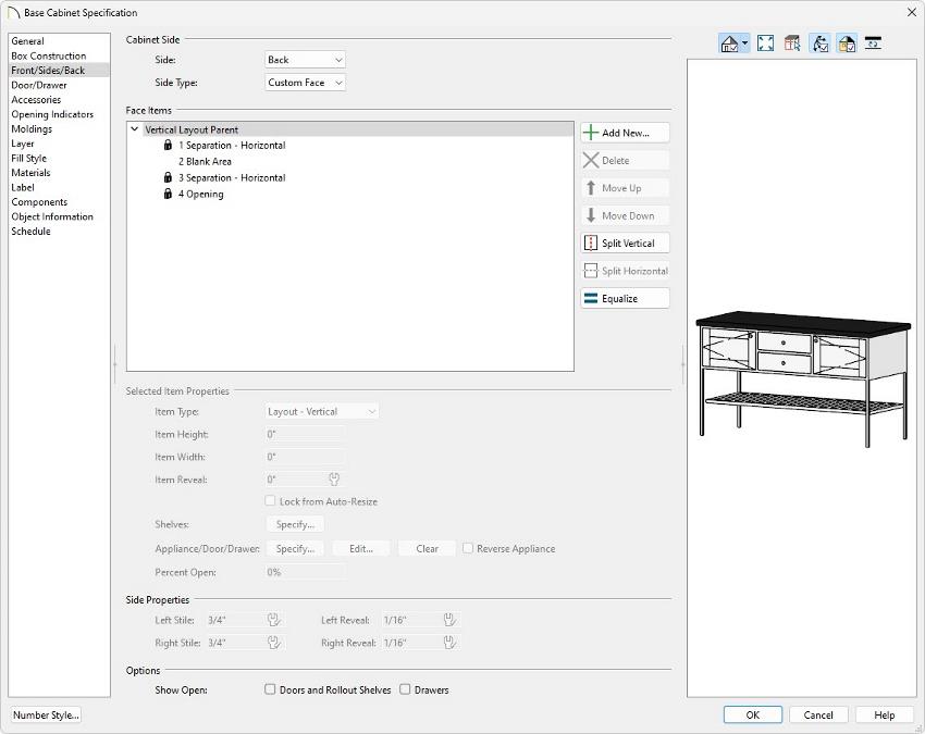 Change to every Side of the cabinet until you have openings on all sides.