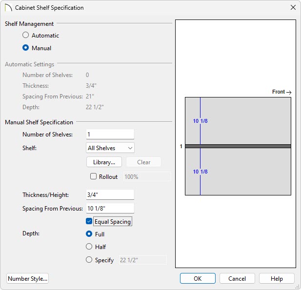 In the Shelf Specification you can modify the shelving of the opening.