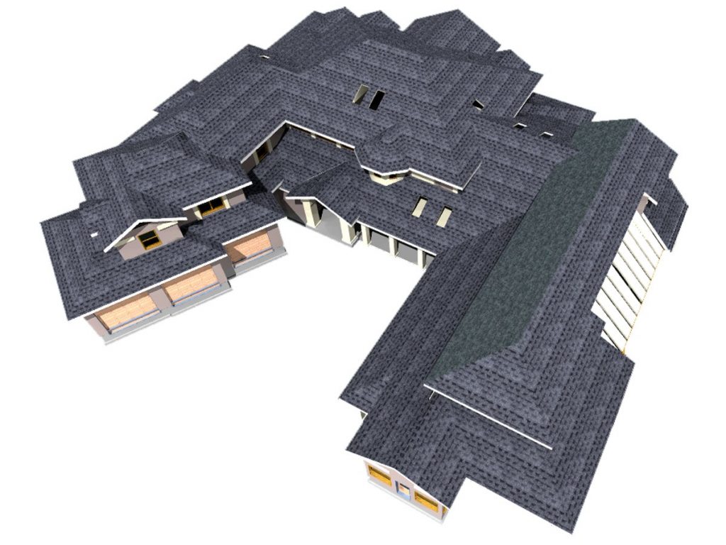 Top down view of a large home design with a complex roof design.