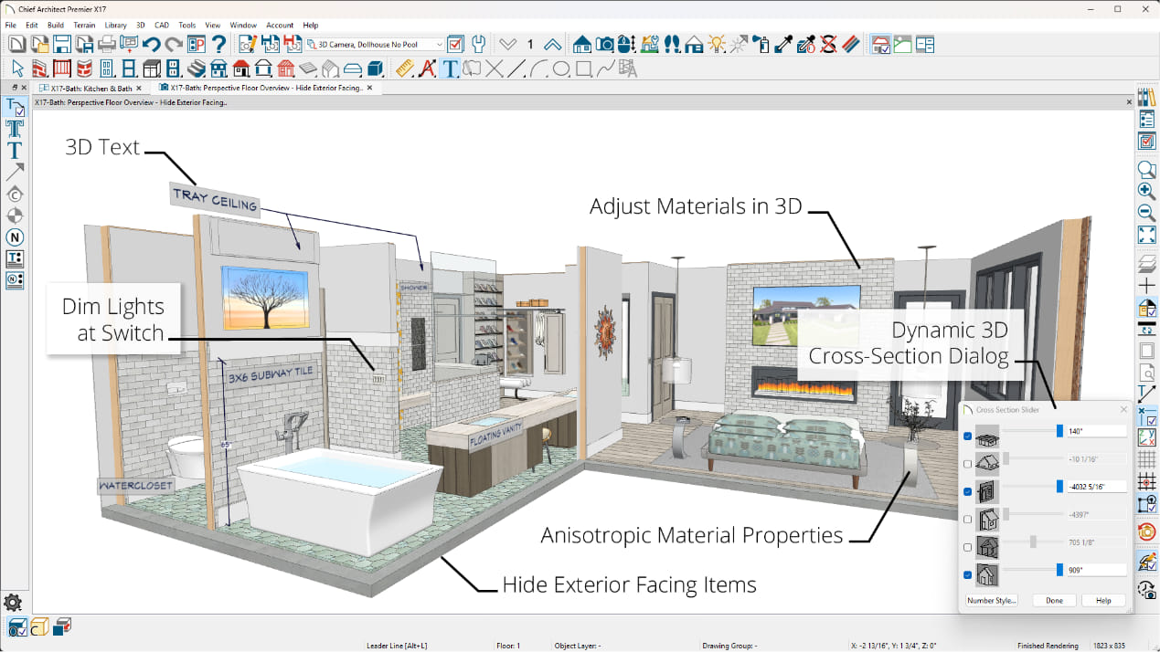 3D text and visualization features in Chief Architect enhance a primary bedroom and bathroom suite design displayed as a cross section.