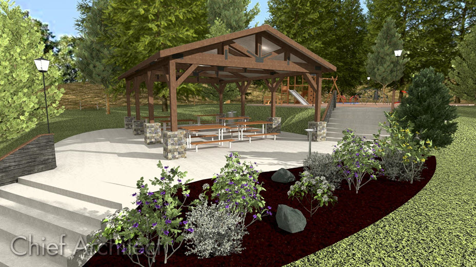 Park with a pavilion containing picnic tables Post and beam pavilion in a park