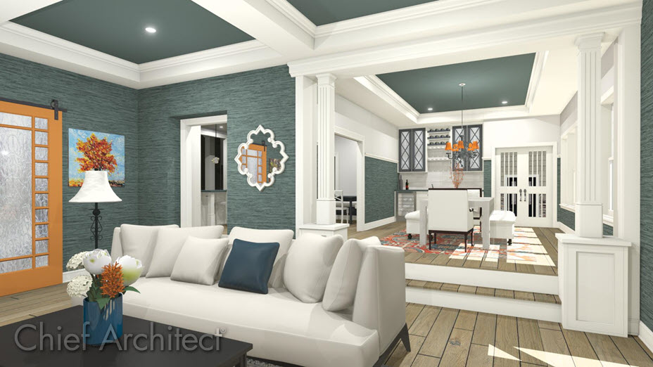 Living room with a custom material applied ot the walls