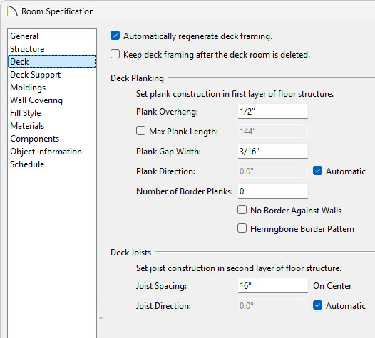 In the Room Specification, on the Deck panel, you can chage how your deck plank/joists generate.