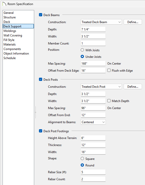 In the Room Specification, on the Deck Support panel, you can adjust how your deck beams/posts/post footings generate.
