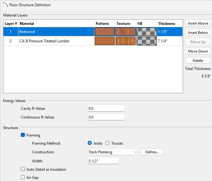 In the Floor Structure Definition you can adjust the width and thickness of your deck planks/joists.