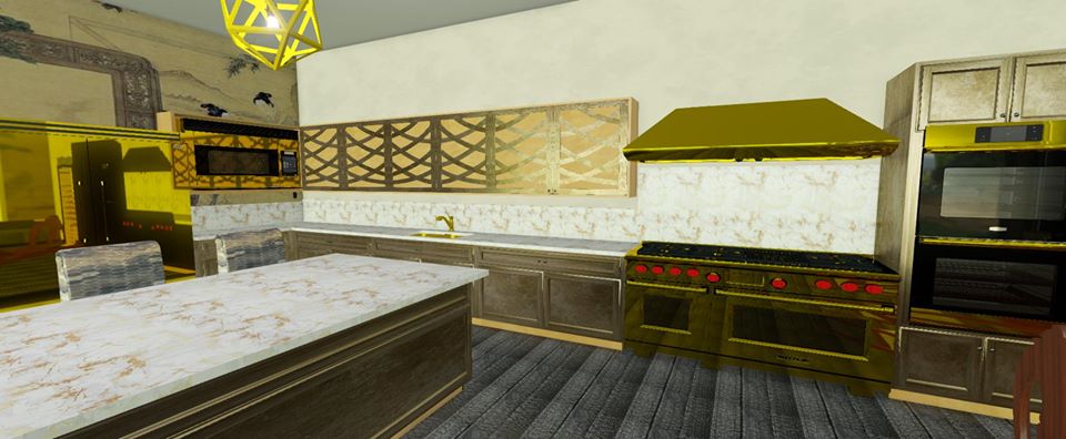 Traditional kitchen with gold finishes and marble counter tops.