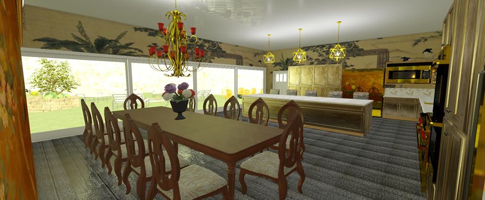 Traditional kitchen with gold finishes and marble counter tops.