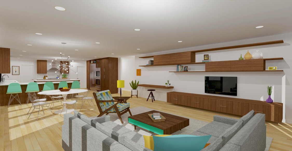 This kitchen remodel combines the kitchen, dining room, and family room to create one giant space for relaxing and entertaining. The home was built in the mid-century style, and the clients wanted to incorporate this into their new design.