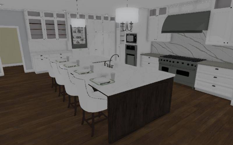 Interior rendering of a contemporary kitchen with a waterfall island and white cabinetry.