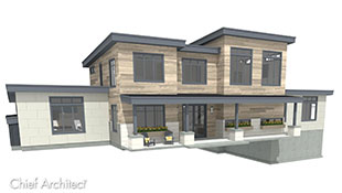 A contemporary house exterior with black shed roofs, casement windows, and natural wood plank siding on the 2nd floor. The first floor has a stone tile siding, and a seating porch at the front entry door.