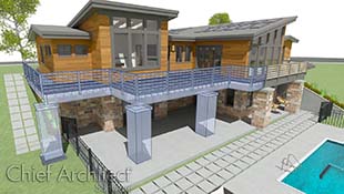 contemporary residential home with shed and gable roof and amber colored siding with an illustrated overlay of a proposed deck addition in blue shaded line drawing