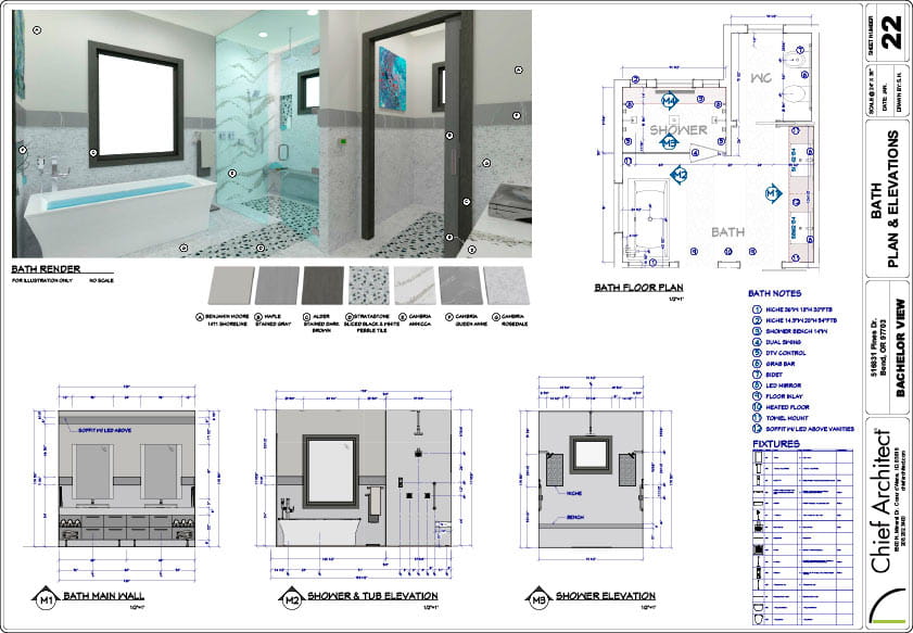 Main bathroom design plans with elevations, floor plan, 3D rendering, and material options. Watch how-to bathroom time-lapse video