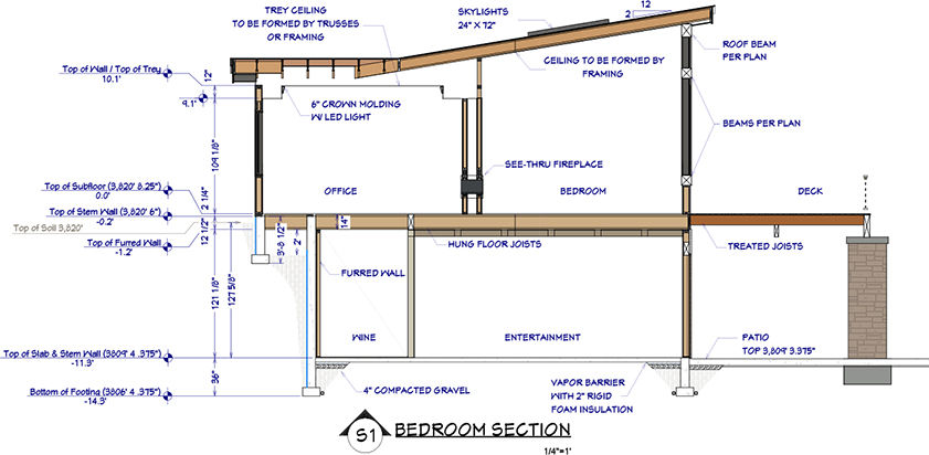 Cross-section with dimensions of a residential house