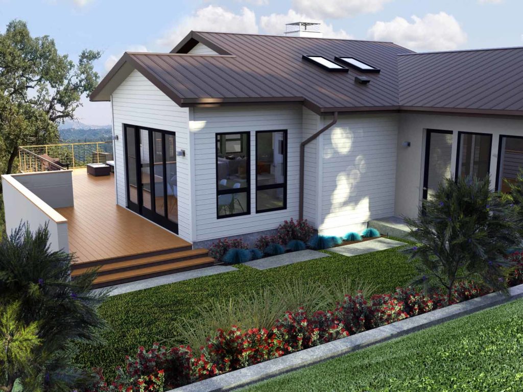 The backyard view of one of Rene's residential designs with white siding, a metal roof, and spacious deck for entertaining.