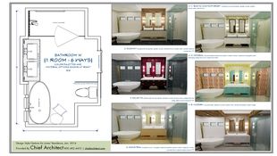 Layout diagram that illustrates the top-view dimensions of a bathroom along with 6 different color and material options in perspective renderings, including Rustic, Elegant, Imperial, Eclectic, Modern Contemporary, and Industrial.