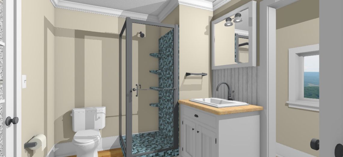 Small bathroom design with glass shower, vanity and toilet.