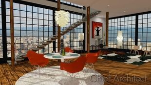 An open-air industrial loft dining room space with thickly treaded stairs on a single stringer against huge gridded windows and a living room area behind.