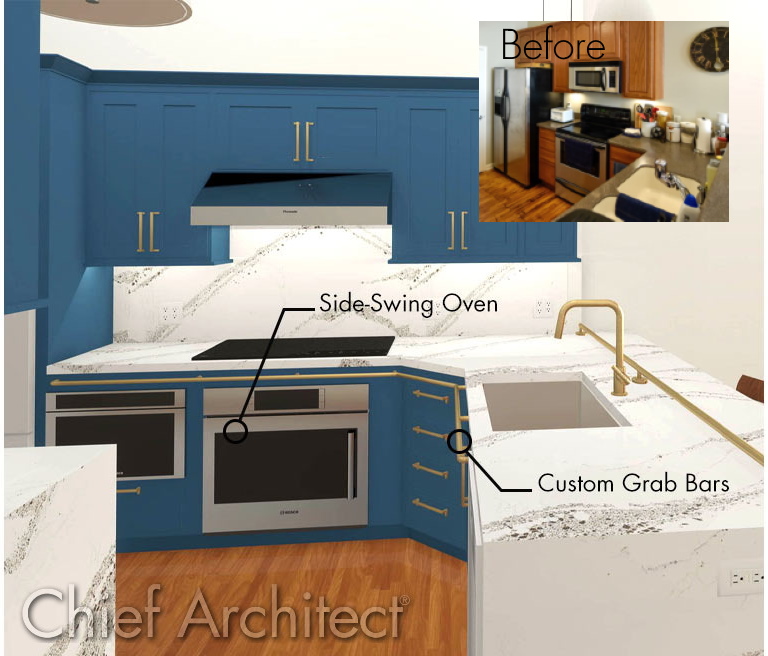 Before and after photo of a kitchen that 's been updated and improved with living in place considerations such as a side-swing oven and custom grab bars.