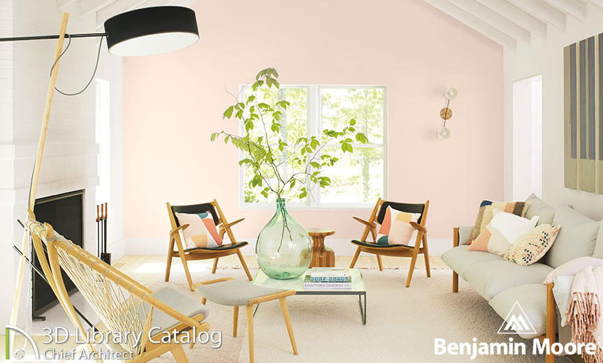 Large seating area with blush walls and greenery.