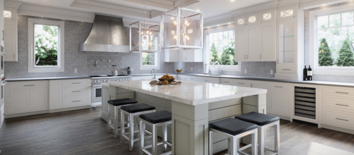 Kitchen space with large island and full backsplash