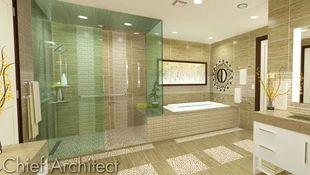 This beige primary bathroom features a large sleek steam shower, drop-in tub platform, pebble inlays in the large format tiles, and contemporary vanities.