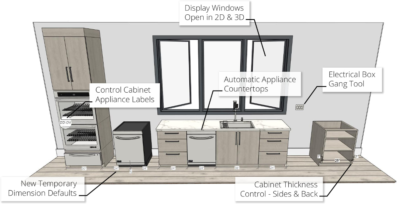 Kitchen cabinets and appliances displaying the new building construction features for Chief Architect.