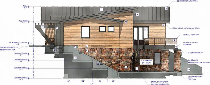 Cross-section and elevation of a house rendered as watercolor